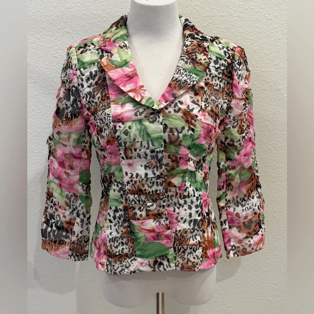 Vintage Michelle Antonelli Ruched Silk Blazer Jacket 8 Floral‎ Leopard Statement